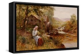 A Young Girl Picking Spring Flowers-John Brett-Framed Stretched Canvas
