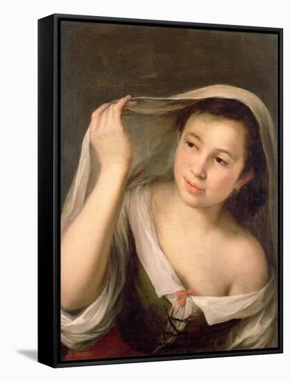 A Young Girl Raising Her Veil-Bartolome Esteban Murillo-Framed Stretched Canvas