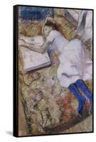 A Young Girl Stretched Out and Looking at an Album-Edgar Degas-Framed Stretched Canvas