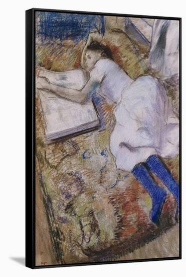 A Young Girl Stretched Out and Looking at an Album-Edgar Degas-Framed Stretched Canvas