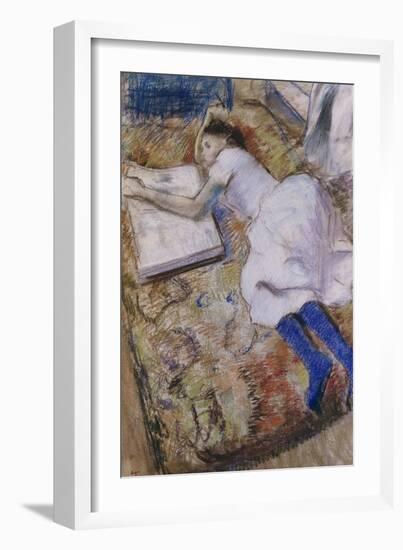 A Young Girl Stretched Out and Looking at an Album-Edgar Degas-Framed Giclee Print