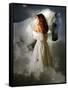 A Young Girl Wearing a White Dress Standing Beside a Horse under the Moonlight-Lynne Davies-Framed Stretched Canvas