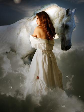 A Young Girl Wearing a White Dress Standing Beside a Horse under the  Moonlight' Photographic Print - Lynne Davies