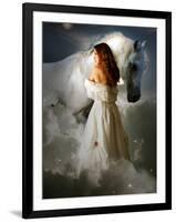 A Young Girl Wearing a White Dress Standing Beside a Horse under the Moonlight-Lynne Davies-Framed Photographic Print