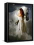 A Young Girl Wearing a White Dress Standing Beside a Horse under the Moonlight-Lynne Davies-Framed Stretched Canvas