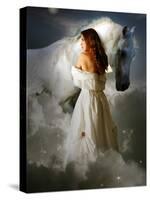 A Young Girl Wearing a White Dress Standing Beside a Horse under the Moonlight-Lynne Davies-Stretched Canvas