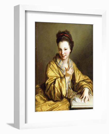 A Young Lady, Wearing a Yellow Robe, Seated at a Table, Beckoning, 1703-Jean Baptiste Santerre-Framed Giclee Print