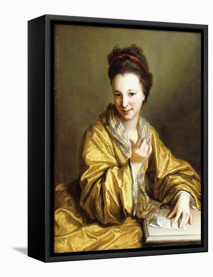 A Young Lady, Wearing a Yellow Robe, Seated at a Table, Beckoning, 1703-Jean Baptiste Santerre-Framed Stretched Canvas