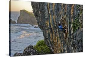 A Young Male Climber Ascends the Coastal Route: Kuda Laut a 5.11A in Siung Beach-Dan Holz-Stretched Canvas