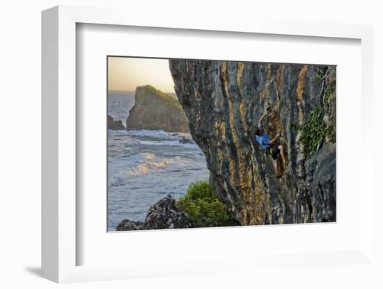 A Young Male Climber Ascends the Coastal Route: Kuda Laut a 5.11A in Siung Beach-Dan Holz-Framed Photographic Print