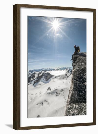 A Young Male Climber on the Summit of Pigeon Spire, Bugaboos, British Columbia-Steven Gnam-Framed Photographic Print