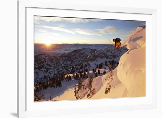 A Young Male Skier Jumps of the Side of a Mountain at Alta, Uthah-Adam Barker-Framed Photographic Print