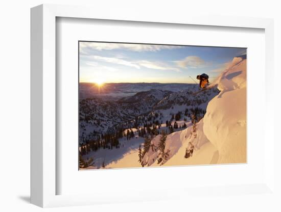 A Young Male Skier Jumps of the Side of a Mountain at Alta, Uthah-Adam Barker-Framed Photographic Print