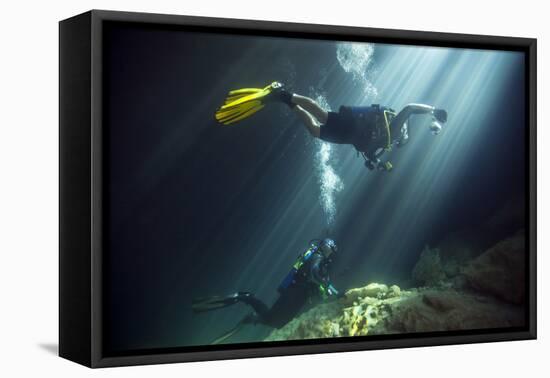 A Young Married Couple Scuba Diving in Devil's Den Springs Florida-null-Framed Stretched Canvas