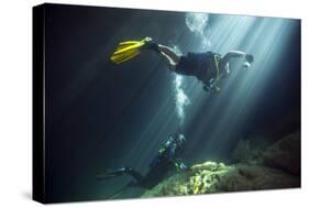 A Young Married Couple Scuba Diving in Devil's Den Springs Florida-null-Stretched Canvas