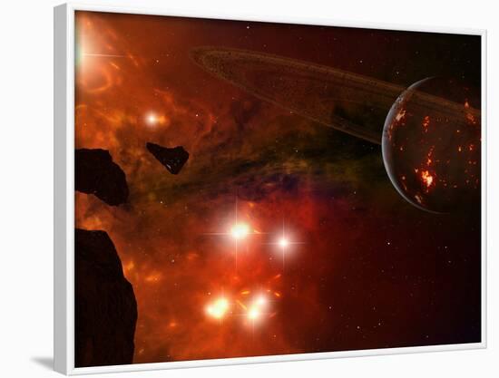 A Young Ringed Planet with Glowing Lava and Asteroids in the Foreground-Stocktrek Images-Framed Photographic Print