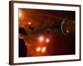 A Young Ringed Planet with Glowing Lava and Asteroids in the Foreground-Stocktrek Images-Framed Photographic Print