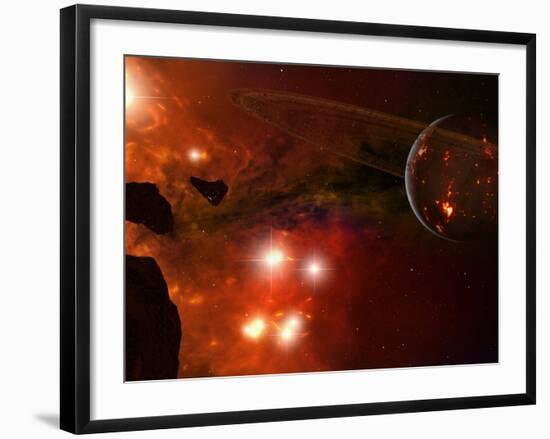 A Young Ringed Planet with Glowing Lava and Asteroids in the Foreground-Stocktrek Images-Framed Photographic Print