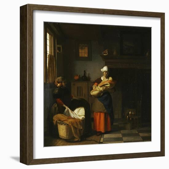 A Young Woman and a Girl Putting a Baby to Bed in a Cradle in an Interior-Pieter de Hooch-Framed Giclee Print