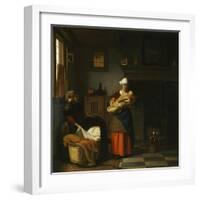 A Young Woman and a Girl Putting a Baby to Bed in a Cradle in an Interior-Pieter de Hooch-Framed Giclee Print