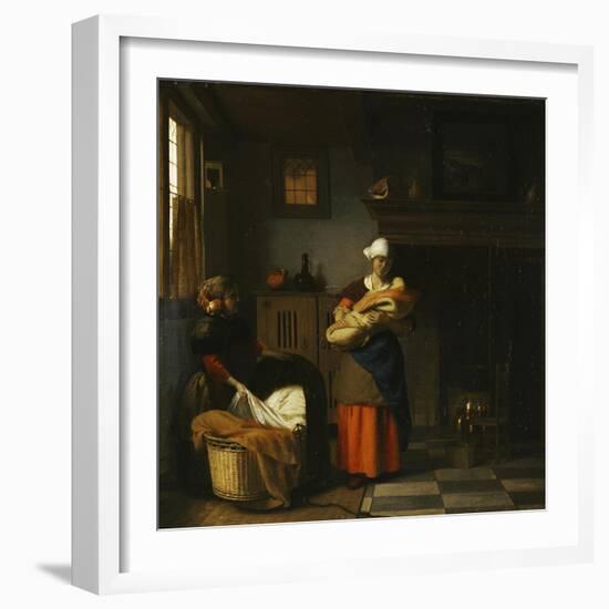 A Young Woman and a Girl Putting a Baby to Bed in a Cradle in an Interior-Pieter de Hooch-Framed Giclee Print