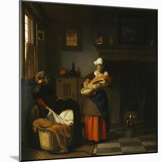 A Young Woman and a Girl Putting a Baby to Bed in a Cradle in an Interior-Pieter de Hooch-Mounted Giclee Print