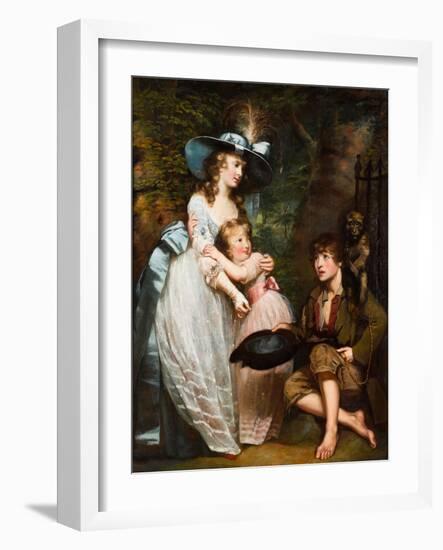 A Young Woman and Girl Offering Charity to a Kneeling Beggar Boy with a Monkey on His Shoulder (Oil-James Northcote-Framed Giclee Print