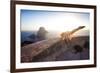 A Young Woman Does an Acrobatic Yoga Pose at the Torre Des Savinar Lookout Tower in Sw Ibiza-Day's Edge Productions-Framed Photographic Print