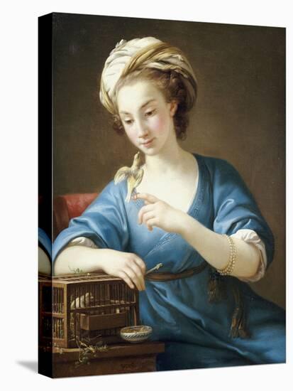 A Young Woman in Turkish Costume Seated Playing with a Cage-Bird, 1766-Joseph Marie Vien-Stretched Canvas