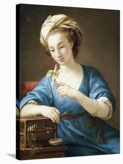 A Young Woman in Turkish Costume Seated Playing with a Cage-Bird, 1766-Joseph Marie Vien-Stretched Canvas
