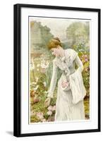 A Young Woman Picks Flowers in a Country Garden, and Stores Them in Her Apron-null-Framed Art Print