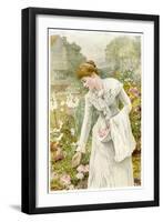 A Young Woman Picks Flowers in a Country Garden, and Stores Them in Her Apron-null-Framed Art Print