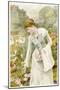 A Young Woman Picks Flowers in a Country Garden, and Stores Them in Her Apron-null-Mounted Art Print