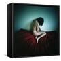 A Young Woman Sat on a Red Bed Sheet-Rafal Bednarz-Framed Stretched Canvas