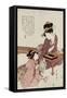 A Young Woman Seated at a Desk Writing, a Girl with a Book Looks On-Kitagawa Utamaro-Framed Stretched Canvas