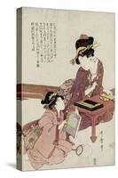 A Young Woman Seated at a Desk Writing, a Girl with a Book Looks On-Kitagawa Utamaro-Stretched Canvas