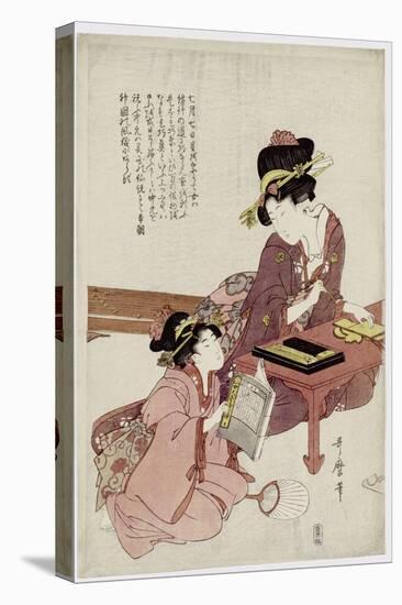 A Young Woman Seated at a Desk, Writing, a Girl with a Book Looks On-Kitagawa Utamaro-Stretched Canvas