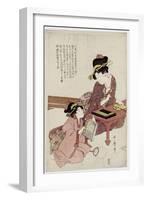 A Young Woman Seated at a Desk, Writing, a Girl with a Book Looks On-Kitagawa Utamaro-Framed Giclee Print