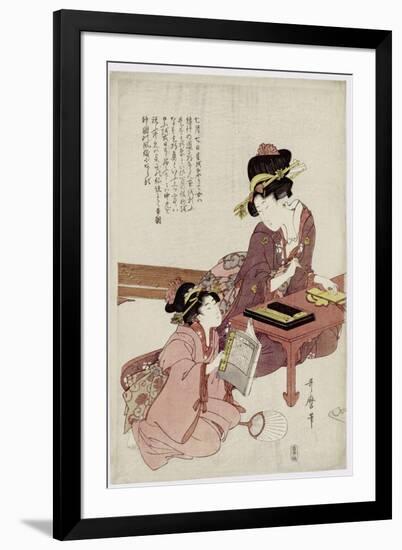 A Young Woman Seated at a Desk, Writing, a Girl with a Book Looks On-Kitagawa Utamaro-Framed Giclee Print