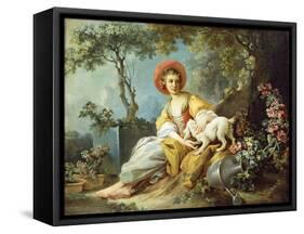 A Young Woman Seated with a Dog and a Watering Can in a Garden-Jean-Honoré Fragonard-Framed Stretched Canvas