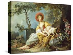 A Young Woman Seated with a Dog and a Watering Can in a Garden-Jean-Honoré Fragonard-Stretched Canvas