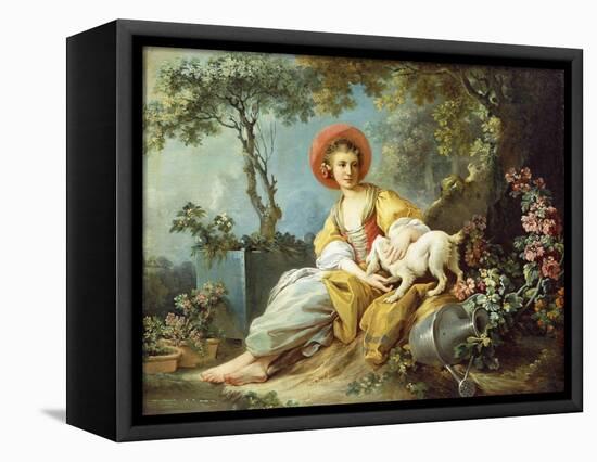 A Young Woman Seated with a Dog and a Watering Can in a Garden-Jean-Honoré Fragonard-Framed Stretched Canvas