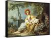 A Young Woman Seated with a Dog and a Watering Can in a Garden-Jean-Honoré Fragonard-Framed Stretched Canvas