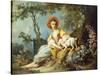 A Young Woman Seated with a Dog and a Watering Can in a Garden-Jean-Honoré Fragonard-Stretched Canvas