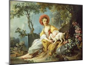 A Young Woman Seated with a Dog and a Watering Can in a Garden-Jean-Honoré Fragonard-Mounted Giclee Print