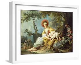 A Young Woman Seated with a Dog and a Watering Can in a Garden-Jean-Honoré Fragonard-Framed Giclee Print