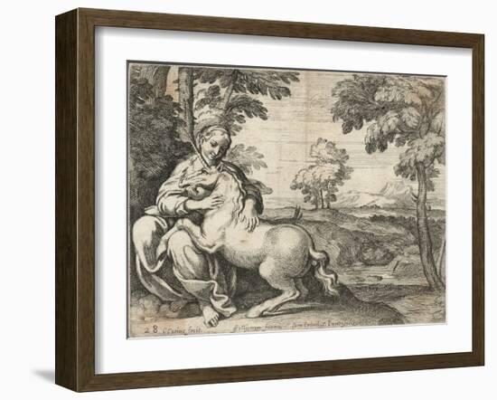 A Young Woman Sits in a Wood Caressing a Unicorn-null-Framed Giclee Print