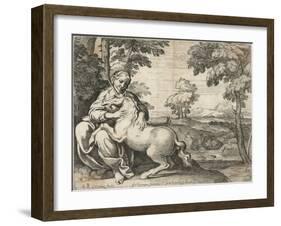 A Young Woman Sits in a Wood Caressing a Unicorn-null-Framed Giclee Print