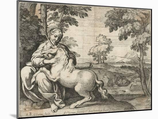 A Young Woman Sits in a Wood Caressing a Unicorn-null-Mounted Giclee Print