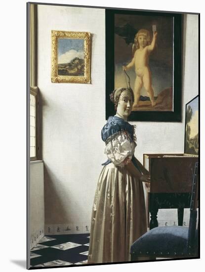 A Young Woman Standing at a Virginal-Johannes Vermeer-Mounted Art Print